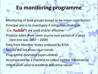 Eu monitoring programme
Monitoring of food groups known to be major contributors
Principal aim is to investigate if mitigation strategies
 (i.e. Toolbox*) are used and/or effective
       Toolbox*
Produce taken from same source over period of 3 years
    (last one was 2007 – 2009)
Data from Member States analysed by EFSA
Results did not show clear trends
Programme extended (open-ended)
Accompanied by a checklist to collect further information
Information used to establish indicative values
 