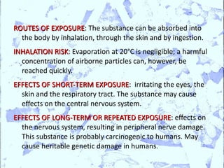 ROUTES OF EXPOSURE: The substance can be absorbed into
           EXPOSURE
  the body by inhalation, through the skin and by ingestion.
INHALATION RISK: Evaporation at 20°C is negligible; a harmful
            RISK
  concentration of airborne particles can, however, be
  reached quickly.
EFFECTS OF SHORT-TERM EXPOSURE: irritating the eyes, the
                          EXPOSURE
  skin and the respiratory tract. The substance may cause
  effects on the central nervous system.
EFFECTS OF LONG-TERM OR REPEATED EXPOSURE: effects on
                                       EXPOSURE
  the nervous system, resulting in peripheral nerve damage.
  This substance is probably carcinogenic to humans. May
  cause heritable genetic damage in humans.
 