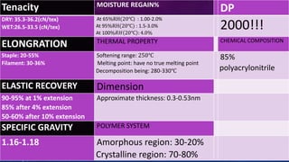 Tenacity MOISTURE REGAIN%
DP
DRY: 35.3-36.2(cN/tex)
WET:26.5-33.5 (cN/tex)
At 65%RH(20℃) : 1.00-2.0%
At 95%RH(20℃) : 1.5-3.0%
At 100%𝑅𝐻 20℃ : 4.0%
2000!!!
ELONGRATION THERMAL PROPERTY CHEMICAL COMPOSITION
Staple: 20-55%
Filament: 30-36%
Softening range: 250℃
Melting point: have no true melting point
Decomposition being: 280-330℃
85%
polyacrylonitrile
ELASTIC RECOVERY Dimension
90-95% at 1% extension
85% after 4% extension
50-60% after 10% extension
Approximate thickness: 0.3-0.53nm
SPECIFIC GRAVITY POLYMER SYSTEM
1.16-1.18 Amorphous region: 30-20%
Crystalline region: 70-80%
 
