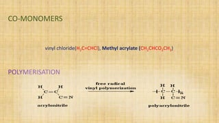 CO-MONOMERS
POLYMERISATION
vinyl chloride(H2C=CHCl), Methyl acrylate (CH2CHCO2CH3)
 