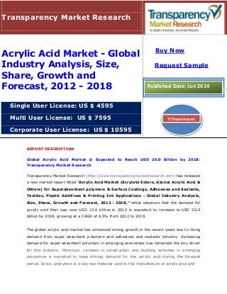 REPORT DESCRIPTION
Global Acrylic Acid Market is Expected to Reach USD 20.0 Billion by 2018:
Transparency Market Research
Transparency Market Research (http://www.transparencymarketresearch.com) has released
a new market report titled "Acrylic Acid Market (Acrylate Esters, Glacial Acrylic Acid &
Others) for Superabsorbent polymers & Surface Coatings, Adhesives and Sealants,
Textiles, Plastic Additives & Printing Ink Applications - Global Industry Analysis,
Size, Share, Growth and Forecast, 2012 - 2018," which observes that the demand for
acrylic acid that was over USD 13.6 billion in 2012 is expected to increase to USD 20.0
billion by 2018, growing at a CAGR of 6.5% from 2012 to 2018.
The global acrylic acid market has witnessed strong growth in the recent years due to rising
demand from super absorbent polymers and adhesives and sealants industry. Increasing
demand for super absorbent polymers in emerging economies has remained the key driver
for this industry. Moreover, increase in construction and building activities in emerging
economies is expected to keep driving demand for the acrylic acid during the forecast
period. Since, propylene is a key raw material used in the manufacture of acrylic acid and
Transparency Market Research
Acrylic Acid Market - Global
Industry Analysis, Size,
Share, Growth and
Forecast, 2012 - 2018
Single User License: US $ 4595
Multi User License: US $ 7595
Corporate User License: US $ 10595
Buy Now
Request Sample
Published Date: Jun 2014
77 Pages Report
 