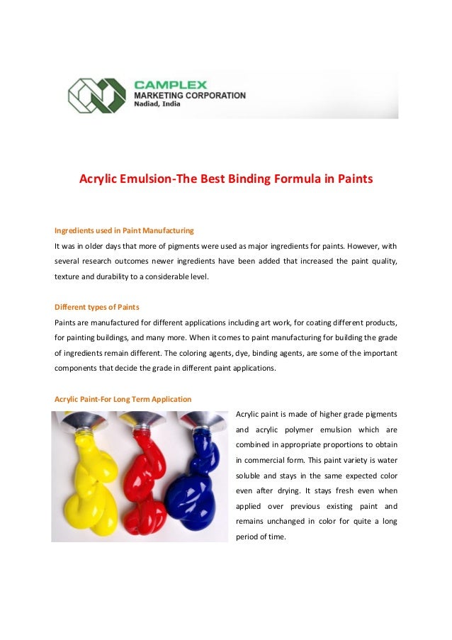 Acrylic emulsion the best binding formula in paints www.paintsrawma…