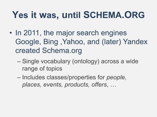 Yes it was, until SCHEMA.ORG
• In 2011, the major search engines
Google, Bing ,Yahoo, and (later) Yandex
created Schema.org
– Single vocabulary (ontology) across a wide
range of topics
– Includes classes/properties for people,
places, events, products, offers, …
 