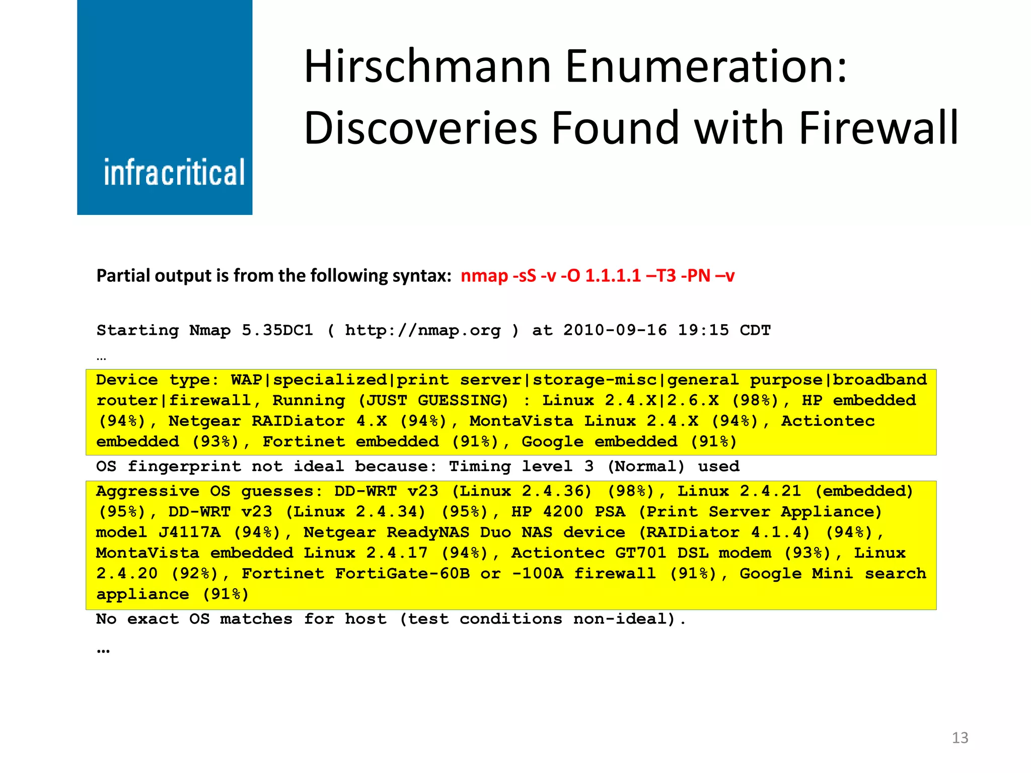 Hirschmann Enumeration:
                         Discoveries Found with Firewall

Partial output is from the following syntax: nmap -sS -v -O 1.1.1.1 –T3 -PN –v

Starting Nmap 5.35DC1 ( http://nmap.org ) at 2010-09-16 19:15 CDT
…
Device type: WAP|specialized|print server|storage-misc|general purpose|broadband
router|firewall, Running (JUST GUESSING) : Linux 2.4.X|2.6.X (98%), HP embedded
(94%), Netgear RAIDiator 4.X (94%), MontaVista Linux 2.4.X (94%), Actiontec
embedded (93%), Fortinet embedded (91%), Google embedded (91%)
OS fingerprint not ideal because: Timing level 3 (Normal) used
Aggressive OS guesses: DD-WRT v23 (Linux 2.4.36) (98%), Linux 2.4.21 (embedded)
(95%), DD-WRT v23 (Linux 2.4.34) (95%), HP 4200 PSA (Print Server Appliance)
model J4117A (94%), Netgear ReadyNAS Duo NAS device (RAIDiator 4.1.4) (94%),
MontaVista embedded Linux 2.4.17 (94%), Actiontec GT701 DSL modem (93%), Linux
2.4.20 (92%), Fortinet FortiGate-60B or -100A firewall (91%), Google Mini search
appliance (91%)
No exact OS matches for host (test conditions non-ideal).
…



                                                                                   13
 
