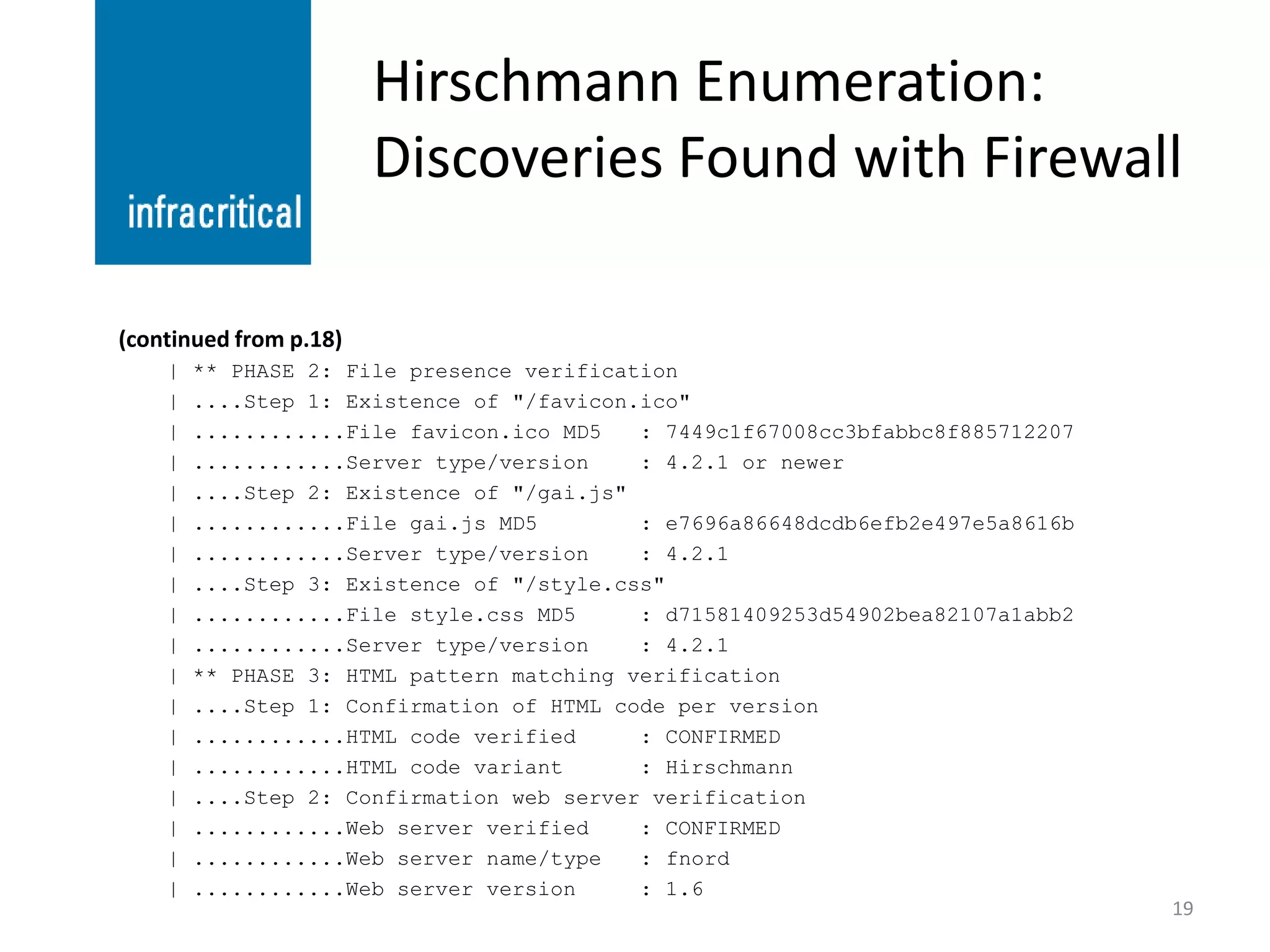 Hirschmann Enumeration:
                        Discoveries Found with Firewall

(continued from p.18)
    |   ** PHASE 2: File presence verification
    |   ....Step 1: Existence of "/favicon.ico"
    |   ............File favicon.ico MD5   : 7449c1f67008cc3bfabbc8f885712207
    |   ............Server type/version    : 4.2.1 or newer
    |   ....Step 2: Existence of "/gai.js"
    |   ............File gai.js MD5        : e7696a86648dcdb6efb2e497e5a8616b
    |   ............Server type/version    : 4.2.1
    |   ....Step 3: Existence of "/style.css"
    |   ............File style.css MD5     : d71581409253d54902bea82107a1abb2
    |   ............Server type/version    : 4.2.1
    |   ** PHASE 3: HTML pattern matching verification
    |   ....Step 1: Confirmation of HTML code per version
    |   ............HTML code verified     : CONFIRMED
    |   ............HTML code variant      : Hirschmann
    |   ....Step 2: Confirmation web server verification
    |   ............Web server verified    : CONFIRMED
    |   ............Web server name/type   : fnord
    |   ............Web server version     : 1.6
                                                                                19
 