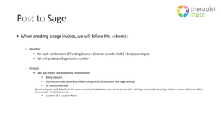 Post to Sage
• When creating a sage invoice, we will follow this schema:
• Header
• For each combination of Funding Source + Contract (vendor Code) + Employee degree
• We will produce a Sage invoice number
• Details
• We will insert the following information:
• Billing amount
• Distribution code (according what is setup on ACS Customer) view sage settings
• GL Account Number
We will change the last 2 digits for the GL account according the distribution code and the location Id if a valid Sage account is found on Sage database if not we will use the default
GL account for the distribution code
• Location Id + Location Name
 