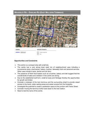 WAVERLEY RD – DARLING RD (EAST MALVERN TERMINUS)
Opportunities and Constraints
• This centre is a compact strip with small lots.
• The centre has a very strong local retail mix of neighbourhood uses including a
convenience store, pharmacies, bakery, butcher, takeaway food and personal services.
Other uses include a bank, dentist and vet clinic.
• The presence of fresh food traders such as a butcher, bakery and deli suggest that the
overall levels of sales and visitation in the centre are strong.
• Due to the established built form, small lot sizes and Heritage Overlay the opportunities
for growth are limited.
• Consider a redesign of the tram terminus and the surrounding street to provide raised
access to the trams, wider waiting areas and easier access from the footpaths.
• Investigate the potential to create a pedestrian space at the junction with Fisher Street.
• Consider moving the terminus further east closer to the train station.
• Need to test the name of the centre.
 