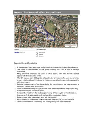 WAVERLEY RD – MALVERN RD (EAST MALVERN VILLAGE)
Opportunities and Constraints
• A diverse mix of uses occupy the centre including offices and agriculatural supply store.
• The centre is characterised by low quality building stock and a lack of heritage
constraints.
• Many shopfront tenancies are used as office space, with retail tenants located
sporadically throughout the centre.
• The IGA express store (300sqm) is a key attractor to the centre for basic convenience
grocery retailing although the layout of the centre means that the store integrates poorly
with other traders.
• Potential redevelopment of the former Dairy Bell manufacturing site may represent a
significant intensification of the centre.
• Some incremental change is expected over time, potentially including shop-top housing.
• Consider removal of pedestrian fences.
• Consider the installation of a single stage crossing of Waverley Rd at the intersection.
• Improve wayfinding signage to cycle paths and the nearby train station.
• Entrance gate to the park doesn't align with the crossing.
• Poor connections between the park and facilities/ services (IGA) on the other side.
• Traffic conflict between cars moving and parking and cyclists on Waverley Rd.
 