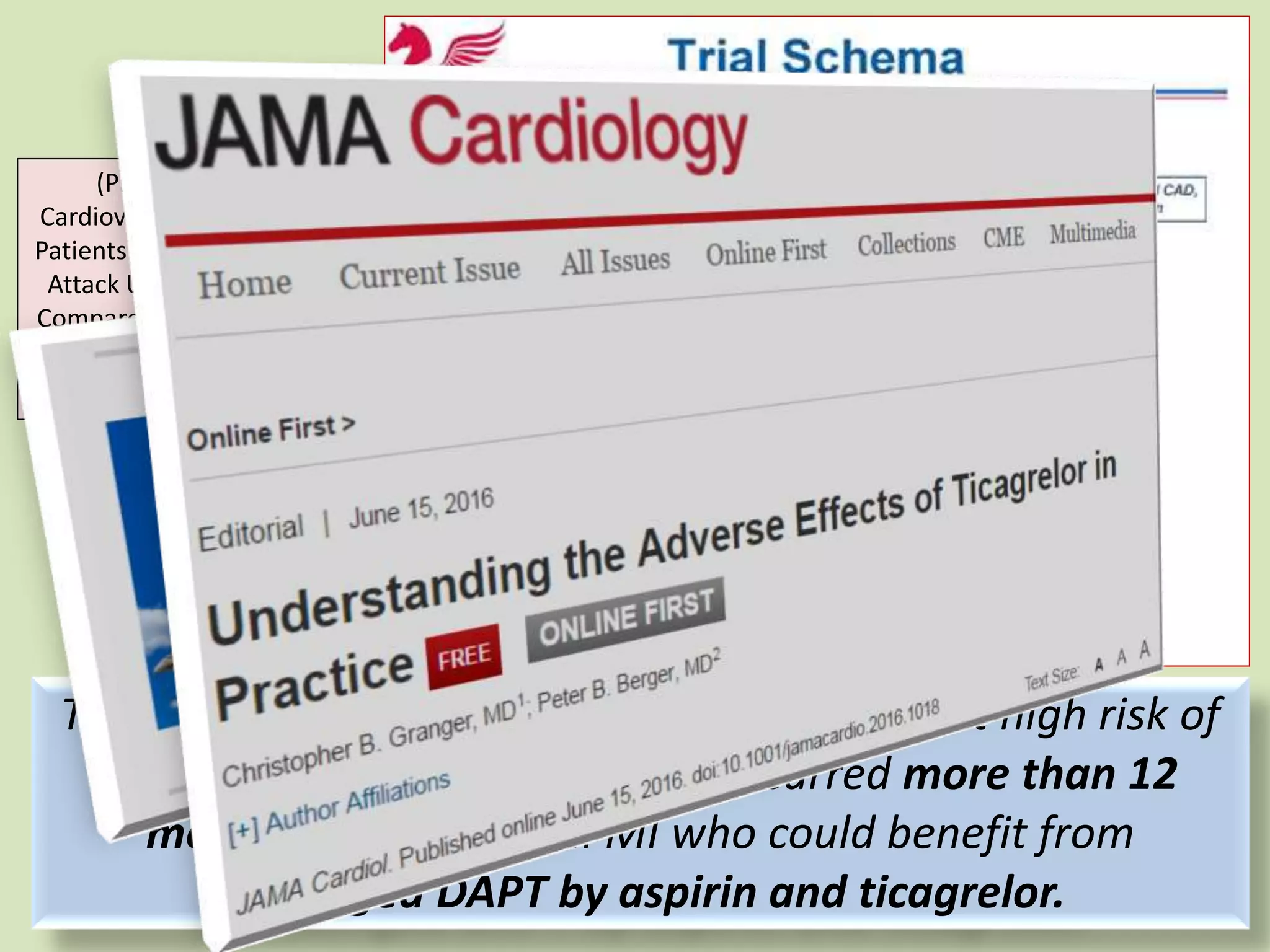 This study identified a sub-group of patients at high risk of
recurrent ischemic events that occurred more than 12
months after an initial MI who could benefit from
prolonged DAPT by aspirin and ticagrelor.
(Prevention of
Cardiovascular Events in
Patients With Prior Heart
Attack Using Ticagrelor
Compared to Placebo on
a Background of Aspirin)
trial
 