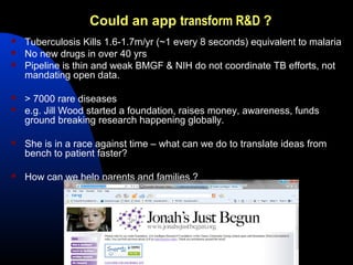 Could an app transform R&D ?
   Tuberculosis Kills 1.6-1.7m/yr (~1 every 8 seconds) equivalent to malaria
   No new drugs in over 40 yrs
   Pipeline is thin and weak BMGF & NIH do not coordinate TB efforts, not
    mandating open data.

   > 7000 rare diseases
   e.g. Jill Wood started a foundation, raises money, awareness, funds
    ground breaking research happening globally.

   She is in a race against time – what can we do to translate ideas from
    bench to patient faster?

   How can we help parents and families ?
 