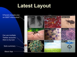 Latest Layout
9 Panels includes one
on ODDT information




Can use multiple
Twitter accounts
Here is my icon


 Stats summary

  About App
 
