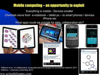 Mobile computing – an opportunity to exploit
                      Everything is mobile - Devices smaller
      Chemists move from e-notebook – tablet pc – to smart phones / devices
                                    iPhone etc
             What apps could we provide for data, collaboration etc?




  Williams et al., In collaborative computational technologies for biomedical research 2011
  Williams – chemistry world May 2010

www.scimobileapps.com
 