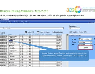 About Availability
• Availability means the days and times someone is available to
provide/receive services
• In ACS we edit consumer availability in the Consumer module, and
employee availability in the Employee module
• The process of editing Availability for consumers and employees in
ACS desktop is identical, so is described only once in this
documentation
 