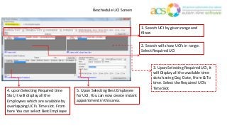 Reschedule UCI Screen
1. Search UCI by given range and
filters
2. Search will show UCI’s in range.
Select Required UCI
3. Upon Selecting Required UCI, It
will Display all the available time
slots having Day, Date, From & To
time. Select the Required UCI’s
Time Slot
4. upon Selecting Required time
Slot, It will display all the
Employees which are available by
overlapping UCI’s Time slot. From
here You can select Best Employee
5. Upon Selecting Best Employee
for UCI, You can now create instant
appointment in this area.
 
