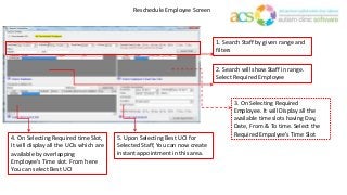 Reschedule Employee Screen
1. Search Staff by given range and
filters
2. Search will show Staff in range.
Select Required Employee
3. On Selecting Required
Employee. It will Display all the
available time slots having Day,
Date, From & To time. Select the
Required Empolyee’s Time Slot
4. On Selecting Required time Slot,
It will display all the UCIs which are
available by overlapping
Employee’s Time slot. From here
You can select Best UCI
5. Upon Selecting Best UCI for
Selected Staff, You can now create
instant appointment in this area.
 