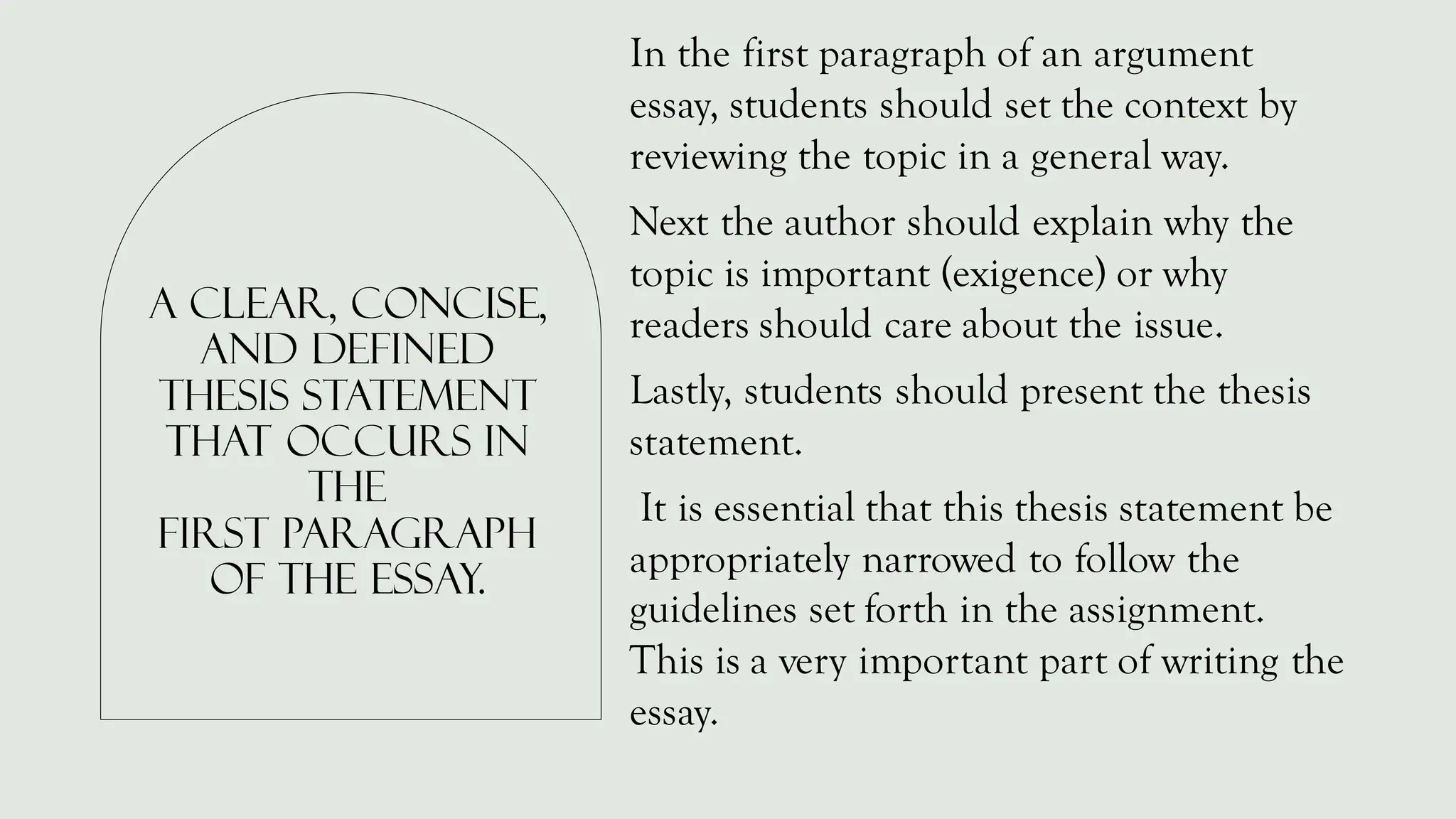 A clear, concise,
and defined
thesis statement
that occurs in
the
first paragraph
of the essay.
In the first paragraph of an argument
essay, students should set the context by
reviewing the topic in a general way.
Next the author should explain why the
topic is important (exigence) or why
readers should care about the issue.
Lastly, students should present the thesis
statement.
It is essential that this thesis statement be
appropriately narrowed to follow the
guidelines set forth in the assignment.
This is a very important part of writing the
essay.
 