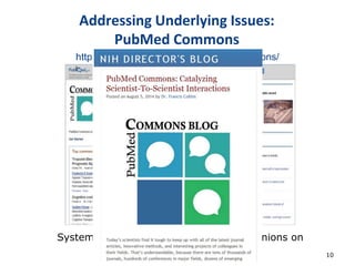 http://www.ncbi.nlm.nih.gov/pubmedcommons/
Addressing Underlying Issues:
PubMed Commons
10
System allowing researchers to share opinions on
publications indexed by PubMed
 