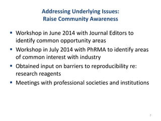 Addressing Underlying Issues:
Raise Community Awareness
 Workshop in June 2014 with Journal Editors to
identify common opportunity areas
 Workshop in July 2014 with PhRMA to identify areas
of common interest with industry
 Obtained input on barriers to reproducibility re:
research reagents
 Meetings with professional societies and institutions
7
 
