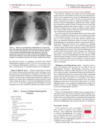© 2005 WebMD, Inc. All rights reserved.                                                      ACS Surgery: Principles and Practice
4 THORAX                                                                                        6 PARALYZED DIAPHRAGM — 3

                                                                         inite connection between the two has not been established.
                                                                            The outcome of phrenic nerve injury incurred during cardiac
                                                                         surgery has been well studied. In many cases, the injured phrenic
                                                                         nerves recover; typical recovery times for diaphragmatic function
                                                                         range from 6 months to 2 years.6,8 In 20% of cases, however, the
                                                                         injury is permanent [see Figure 3]. Although morbidity is usually
                                                                         minimal, bilateral diaphragmatic paralysis after cardiac surgery
                                                                         has occasionally resulted in death. It should be kept in mind that
                                                                         diaphragmatic paralysis after cardiac surgery is a more serious
                                                                         problem in children than in adults. In pediatric patients, phrenic
                                                                         nerve injury usually results in respiratory distress, which may pre-
                                                                         vent weaning from mechanical ventilation.9
                                                                            In current usage, the term iatrogenic phrenic nerve injury refers
                                                                         to either (1) unintentional injury to the nerve during an operation
                                                                         or (2) intentional resection of the nerve to permit complete exci-
                                                                         sion of a chest neoplasm. In the past, however, phrenic nerve
                                                                         injury was sometimes deliberately induced to elevate or disable a
                                                                         hemidiaphragm for therapeutic purposes, either permanently or
                                                                         temporarily. Therapeutic phrenic nerve paralysis was originally
                                                                         achieved by crushing the nerve at the level of the diaphragm with
Figure 2 Shown is a postoperative radiograph of a 70-year-old            a surgical clamp; subsequently, temporary paralysis was achieved
man who underwent left upper lobectomy for removal of a periph-          by exposing the phrenic nerve in the neck and inﬁltrating the area
eral 3 cm lesion. The phrenic nerve was injured with the electro-        around it with local anesthetics. This technique was employed in
cautery during mediastinal lymph node dissection. The radi-              the treatment of pulmonary tuberculosis and was occasionally
ograph shows permanent elevation of the left hemidiaphragm
                                                                         performed to elevate a hemidiaphragm and help obliterate a difﬁ-
with gastric bloating 3 years after operation. The patient is neither
dyspneic nor dyspeptic and does not require surgical intervention.
                                                                         cult pleural space problem. It must be emphasized that in current
                                                                         practice, therapeutic phrenic nerve paralysis is of historic interest
                                                                         only. It is never necessary, and it is no longer considered appro-
ing discussion focuses on conditions associated with isolated            priate or beneﬁcial.
diaphragmatic paralysis [see Table 1].The two most common caus-
es of unilateral diaphragmatic paralysis are (1) iatrogenic injury          Malignancy involving phrenic nerve Neoplastic involve-
after a cardiothoracic or cervical procedure and (2) malignancy.         ment of the phrenic nerve accounts for one third of cases of
                                                                         diaphragmatic paralysis.10 Bronchogenic carcinomas are the
   Injury to phrenic nerve Common mechanisms of phrenic                  lesions that most commonly affect the phrenic nerve, and paraly-
nerve injury during cardiac procedures include stretching, crush-        sis is usually secondary to mediastinal lymph node involvement or
ing, transection, and hypothermia. During the mid-1980s, topical         direct mediastinal invasion by central tumors. Other mediastinal
ice slush was frequently employed in cardiopulmonary bypass pro-         tumors that may affect the phrenic nerve include thymomas, lym-
cedures, and this practice dramatically increased the incidence of       phomas, and germ cell tumors. It is reassuring to note that in
phrenic nerve injury. After cooling jackets replaced topical ice slush   patients with unilateral diaphragmatic paralysis of no clear origin,
in this setting, the incidence of elevated hemidiaphragms fell from      malignancy turns out to be the cause in fewer than 5% of cases.
23% to 2%.6,7 It has been suggested that harvesting the internal         Although patients with unexplained diaphragmatic paralysis are
mammary artery may contribute to phrenic nerve injury, but a def-        unlikely to have an occult malignancy, they are also unlikely to
                                                                         recover their diaphragmatic function.10
                                                                         PHYSICAL EXAMINATION
      Table 1—Causes of Isolated Diaphragmatic                              Patients with diaphragmatic paralysis may be asymptomatic or
                    Paralysis                                            may present with some of the nonspeciﬁc clinical ﬁndings men-
                                                                         tioned (see above). Physical examination usually reveals decreased
  Idiopathic paralysis
  Phrenic neuropathy
                                                                         breath sounds on the affected side, a mediastinal shift during inspi-
    Phrenic nerve injury                                                 ration, or a scaphoid abdomen. Percussion may demonstrate an
      Iatrogenic                                                         elevated hemidiaphragm with decreased excursion on inspiration.
      Malignancy (invasion or compression)
      Trauma
      Therapeutic (tuberculosis)                                         Investigative Studies
    Mononeuritis                                                            In the majority of cases, an asympto-
      Viral infection (Guillain-Barré syndrome)                          matic person is referred to the surgeon
      Vasculitis
                                                                         because a chest radiograph demonstrates
      Diabetes
                                                                         an elevated hemidiaphragm. It is impor-
      Connective tissue disease
  Anterior horn cell lesions
                                                                         tant to remember that there is a broad dif-
    Herpes zoster                                                        ferential diagnosis for an elevated hemidi-
    Poliomyelitis                                                        aphragm and that diaphragmatic paralysis
    Amyotrophic lateral sclerosis                                        is relatively rare [see Table 2].
                                                                            Workup usually begins with inspiratory and expiratory chest
 