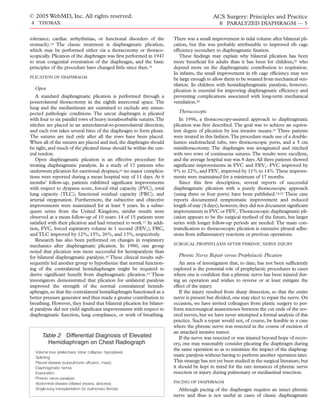 © 2005 WebMD, Inc. All rights reserved.                                                    ACS Surgery: Principles and Practice
4 THORAX                                                                                       6 PARALYZED DIAPHRAGM — 5

tolerance, cardiac arrhythmias, or functional disorders of the         There was a small improvement in tidal volume after bilateral pli-
stomach).14 The classic treatment is diaphragmatic plication,          cation, but this was probably attributable to improved rib cage
which may be performed either via a thoracotomy or thoraco-            efﬁciency secondary to diaphragmatic ﬁxation.
scopically. Plication of the diaphragm was ﬁrst performed in 1947          These ﬁndings may explain why bilateral plication has been
to treat congenital eventration of the diaphragm, and the basic        more beneﬁcial for adults than it has been for children,20 who
principles of the procedure have changed little since then.15          depend more on the diaphragmatic contribution to respiration.
                                                                       In infants, the small improvement in rib cage efﬁciency may not
PLICATION OF DIAPHRAGM
                                                                       be large enough to allow them to be weaned from mechanical ven-
                                                                       tilation. In children with hemidiaphragmatic paralysis, however,
  Open                                                                 plication is essential for improving diaphragmatic efﬁciency and
   A standard diaphragmatic plication is performed through a           preventing complications associated with long-term mechanical
posterolateral thoracotomy in the eighth intercostal space. The        ventilation.20
lung and the mediastinum are examined to exclude any unsus-
pected pathologic conditions. The uncut diaphragm is plicated            Thoracoscopic
with four to six parallel rows of heavy nonabsorbable sutures.The         In 1996, a thoracoscopy-assisted approach to diaphragmatic
stitches are placed in an anterolateral-to-posterolateral direction,   plication was ﬁrst described. The goal was to achieve an equiva-
and each row takes several bites of the diaphragm to form pleats.      lent degree of plication by less invasive means.21 Three patients
The sutures are tied only after all the rows have been placed.         were treated in this fashion.The procedure made use of a double-
When all of the sutures are placed and tied, the diaphragm should      lumen endotracheal tube, two thoracoscopic ports, and a 5 cm
be tight, and much of the plicated tissue should lie within the cen-   minithoracotomy. The diaphragm was invaginated and stitched
tral tendon.                                                           with two rows of continuous sutures. The results were excellent,
   Open diaphragmatic plication is an effective procedure for          and the average hospital stay was 8 days. All three patients showed
treating diaphragmatic paralysis. In a study of 17 patients who        signiﬁcant improvements in FVC and FEV1: FVC improved by
underwent plication for exertional dyspnea,16 no major complica-       9% to 22%, and FEV1 improved by 11% to 14%.These improve-
tions were reported during a mean hospital stay of 11 days. At 6       ments were maintained for a minimum of 17 months.
months’ follow-up, patients exhibited signiﬁcant improvements             Since this ﬁrst description, several reports of successful
with respect to dyspnea score, forced vital capacity (FVC), total      diaphragmatic plication with a purely thoracoscopic approach
lung capacity (TLC), functional residual capacity (FRC), and           (using three or four ports) have been published.14,22 These case
arterial oxygenation. Furthermore, the subjective and objective        reports documented symptomatic improvement and reduced
improvements were maintained for at least 5 years. In a subse-         length of stay (4 days); however, they did not document signiﬁcant
quent series from the United Kingdom, similar results were             improvements in FVC or FEV1.Thoracoscopic diaphragmatic pli-
observed at a mean follow-up of 10 years: 14 of 15 patients were       cation appears to be the surgical method of the future, but larger
satisﬁed with their plication and had returned to work.17 In addi-     series with longer follow-up periods are needed. The main con-
tion, FVC, forced expiratory volume in 1 second (FEV1), FRC,           traindication to thoracoscopic plication is extensive pleural adhe-
and TLC improved by 12%, 15%, 26%, and 13%, respectively.              sions from inﬂammatory reactions or previous operations.
   Research has also been performed on changes in respiratory
                                                                       SURGICAL PROPHYLAXIS AFTER PHRENIC NERVE INJURY
mechanics after diaphragmatic plication. In 1980, one group
noted that plication was more successful for hemiparalysis than
for bilateral diaphragmatic paralysis.18 These clinical results sub-     Phrenic Nerve Repair versus Prophylactic Plication
sequently led another group to hypothesize that normal function-          An area of investigation that, to date, has not been sufﬁciently
ing of the contralateral hemidiaphragm might be required to            explored is the potential role of prophylactic procedures in cases
derive signiﬁcant beneﬁt from diaphragmatic plication.19 These         where one is conﬁdent that a phrenic nerve has been injured dur-
investigators demonstrated that plication for unilateral paralysis     ing an operation and wishes to reverse or at least mitigate the
improved the strength of the normal contralateral hemidi-              effect of the injury.
aphragm, so that the contralateral hemidiaphragm functioned as a          If the injury resulted from sharp dissection, so that the entire
better pressure generator and thus made a greater contribution to      nerve is present but divided, one may elect to repair the nerve. On
breathing. However, they found that bilateral plication for bilater-   occasion, we have invited colleagues from plastic surgery to per-
al paralysis did not yield signiﬁcant improvements with respect to     form microsurgical anastomoses between the cut ends of the sev-
diaphragmatic function, lung compliance, or work of breathing.         ered nerves, but we have never attempted a formal analysis of this
                                                                       practice. Such a repair would not, of course, be feasible in a case
                                                                       where the phrenic nerve was resected in the course of excision of
                                                                       an attached invasive tumor.
      Table 2—Differential Diagnosis of Elevated                          If the nerve was resected or was injured beyond hope of recov-
        Hemidiaphragm on Chest Radiograph                              ery, one may reasonably consider plicating the diaphragm during
                                                                       the same operation so as to minimize the impact of the diaphrag-
  Volume loss (atelectasis, lobar collapse, hypoplasia)
  Splinting
                                                                       matic paralysis without having to perform another operation later.
  Pleural disease (subpulmonic effusion, mass)                         This strategy has not yet been studied in the surgical literature, but
  Diaphragmatic hernia                                                 it should be kept in mind for the rare instances of phrenic nerve
  Eventration                                                          resection or injury during pulmonary or mediastinal resection.
  Phrenic nerve paralysis
  Abdominal disease (dilated viscera, abscess)                         PACING OF DIAPHRAGM
  Single-lung transplantation for pulmonary fibrosis                     Although pacing of the diaphragm requires an intact phrenic
                                                                       nerve and thus is not useful in cases of classic diaphragmatic
 