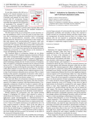 © 2005 WebMD, Inc. All rights reserved.                                                              ACS Surgery: Principles and Practice
5 Gastrointestinal Tract and Abdomen                                                                       13 Fulminant Ulcerative Colitis — 4
  Cyclosporine
    At one time, patients who did not re-                                       Table 2—Indications for Operation in Patients
spond to I.V. steroid treatment were in-
                                                                                      with Fulminant Ulcerative Colitis
variably referred for surgical treatment.
Currently, such patients are most often                                        Inability to tolerate medical treatment
treated with I.V. cyclosporine therapy.                                        Failure to respond to medical treatment
Cyclosporine is an immunosuppressant                                           Inability to be weaned from corticosteroids
macrolide that suppresses the production                                       Presence of complications of ulcerative colitis (e.g., perforation, peritonitis,
                                                                                 progressive signs of sepsis, hemorrhage, and toxic megacolon)
of interleukin-2 by activated T cells
                                                                               Development of complications related to medical treatment
through a calcineurin-dependent path-
way.27 Originally employed to prevent tissue rejection after trans-
plantation, cyclosporine has become the standard treatment of
steroid-refractory severe ulcerative colitis.                              received large amounts of corticosteroids may increase the risk of
    The first report of the use of cyclosporine to treat ulcerative co-    perioperative morbidity and mortality in those who respond to
litis was published in 1984.28 It was not until 10 years later, how-       neither steroids nor cyclosporine therapy and thus require opera-
ever, that a randomized, placebo-controlled trial of cyclosporine          tive management. At present, however, there is no evidence that
therapy for steroid-refractory ulcerative colitis convincingly             patients who do not respond to cyclosporine therapy are at
demonstrated the effectiveness of cyclosporine in this setting.29 In       increased risk for perioperative complications; such therapy does
this trial, patients with steroid-refractory ulcerative colitis who        not appear to compromise surgical results.42
received cyclosporine (4 mg/kg) had an 82% response rate, com-
                                                                           SURGICAL THERAPY
pared with a 0% response rate in those treated with continued I.V.
steroid therapy alone. Since this initial report, response rates rang-
ing from 56% to 91% have been reported in the medical literature,            Indications
confirming cyclosporine as a major advance in the treatment of                Indications for surgical treatment of
severe and fulminant ulcerative colitis.30-32                              fulminant ulcerative colitis have been
    The beneficial effects of cyclosporine therapy are not always          established [see Table 2]. One such indi-
durable: as many as 60% of patients experience recurrence of disease       cation, of course, is the exhaustion of
after initial cyclosporine-induced remission.33 Fortunately, recur-        options for appropriate medical treat-
rence rates can be substantially lowered by means of maintenance           ment. Because most patients with fulmi-
therapy with 6-mercaptopurine (6-MP) or azathioprine.With appro-           nant ulcerative colitis respond to aggres-
priate maintenance therapy, the rate of early recurrence of symptoms       sive medical therapy, such treatment is
after successful I.V. cyclosporine treatment may be reduced to levels      warranted in almost all cases. Care must be exercised, however, not
as low as 22%.31,34 Even if the disease does recur, the initial success    to overtreat patients with fulminant ulcerative colitis who are other-
of cyclosporine therapy in aborting the acute phase of the ulcerative      wise stable. The immunosuppressive effects of high-dose cortico-
colitis allows patients to recover from the acute illness, so that they    steroids and I.V. cyclosporine, along with the debilitation induced by
are in better condition to undergo elective surgical treatment at a lat-   prolonged severe disease, can place patients at high risk for periop-
er date if such treatment ultimately proves necessary.This is a major      erative complications. Patients who do not show significant improve-
benefit, in that operative management of ulcerative colitis carries a      ment in response to I.V. steroid therapy within 5 to 7 days should be
much higher risk of complications when carried out on an urgent ba-        started on I.V. cyclosporine therapy or referred for operative treat-
sis than when carried out in an elective setting.18,35,36                  ment.12 Those who do not respond to cyclosporine therapy within 4
    The major side effects of cyclosporine treatment are renal insuf-      days or in whom remission of major symptoms is not achieved with-
ficiency, opportunistic infections, and seizures.The risk of seizures      in 2 weeks should be treated surgically. Patients whose symptoms
appears to be highest in patients with hypocholesterolemia. Con-           progress during the course of I.V. therapy or who show no sign of
sequently, cyclosporine should not be given to patients with sig-          improvement at all should be considered for early surgery. Patients
nificant hypocholesterolemia (serum cholesterol concentration              known to have deep longitudinal ulcerations are less likely to
< 100 mg/dl). Hypomagnesemia is commonly seen in patients with             respond to I.V. medical therapy and thus may also be referred for
fulminant ulcerative colitis who undergo cyclosporine treatment;           early surgery. The decision regarding when to abandon medical
accordingly, serum magnesium levels should be closely followed.            therapy for fulminant ulcerative colitis in favor of surgical therapy is
    Dosing regimens for cyclosporine vary. The typical starting            difficult and requires considerable experience and special expertise.
dosage is 4 mg/kg/day I.V., which is then adjusted to achieve a            Accordingly, patients with fulminant ulcerative colitis are best man-
whole-blood level between 150 and 400 ng/ml, as measured by                aged in a center specializing in inflammatory bowel disease.
high-power liquid chromatography or radioimmunoassay.37,38                    Patients with perforation or severe GI bleeding require urgent
Whole-blood levels as high as 800 ng/ml are considered acceptable          surgical treatment.43 The debilitation resulting from the disease,
by some investigators.29 If the patient shows no improvement with-         coupled with the immunosuppression resulting from intensive
in 4 to 5 days or if complete remission is not achieved by 10 to 14        medical therapy, can mask the signs and symptoms of sepsis and
days, surgical treatment is advised.12 Most of the side effects of         peritonitis associated with perforation. Perioperative mortality in
cyclosporine therapy are dose dependent. Several studies have              cases of fulminant colitis is as much as 10 times higher when per-
shown that an initial dosage of 2 mg/kg/day I.V. can also be effec-        foration occurs than when it does not.44 For this reason, patients
tive in achieving remission.39-41 Some physicians prefer to begin at       with high fever, marked leukocytosis, and persistent tachycardia
this lower dosage and then increase it as necessary on the basis of        should be referred for early surgery, regardless of whether other
the measured cyclosporine levels.                                          indications of perforation or peritonitis are noted.
    Concerns have been raised about the possibility that prolonging           Toxic megacolon, though an uncommon complication of severe
medical therapy in patients with severe colitis who have already           ulcerative colitis, is important in that it is associated with impend-
 