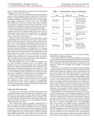 © 2006 WebMD, Inc. All rights reserved.                                                         ACS Surgery: Principles and Practice
5 GASTROINTESTINAL TRACT AND ABDOMEN                                                 18 GASTROINTESTINAL ENDOSCOPY — 11


tum. It is widely incorporated into aggressive screening programs            Table 1           Special Stains Used in Endoscopy
designed to detect early GI cancers.
   EMR can be used to treat dysplastic and other premalignant                     Stain                Site of Use               Comment
lesions, as well as superficial cancers of the GI tract. One must be
careful to comply with all standard principles of cancer resection,                                                       Normal mucosa stains
including knowledge of the depth of the lesion, its radial extent,         Lugol solution                                  green-brown (as a
                                                                                                    Esophagus              result of intracellular
and staging. Consequently, several criteria must be fulfilled               (2% iodine)
                                                                                                                           glycogen); dysplastic
before EMR can be viewed as a curative intervention. Classifica-                                                           cells do not stain
tion of lesions on the basis of their endoscopic appearance can be
                                                                                                                          Enhances contour of
combined with information obtained through the use of chro-                Indigo carmine                                  mucosa, giving tissue a
                                                                                                    Stomach, colon
moendoscopy and EUS to determine the potential for EMR.                      (0.4% solution)                               three-dimensional
   Lesion location within the GI tract is important with respect to                                                        appearance
long-term outcomes. For example, EMR can be used to treat cir-                                                            Absorbed by the nucleic
cumferential colonic lesions but is inappropriate for esophageal           Toluidine blue           Oropharynx,            acid component of
                                                                                                     esophagus             malignant epithelial
lesions that extend beyond one third of the circumference,                                                                 cells
because of the risk of a late stricture.
   Although specific methods differ among practitioners, several                                    Acid-secreting        Turns a blue-black color
                                                                           Congo red                 areas of gastric
generalizations about the technical aspects can be made. First, a                                    mucosa
                                                                                                                           when pH < 3
liquid must be injected deep to the mucosal layer, allowing sepa-
ration of the wall components. Although the ideal solution for                                                            Absorbed only by
                                                                                                    Intestinal meta-       dysplastic tissue;
injection has not been determined, the liquid chosen must be               Methylene blue             plasia, Barrett’s    however, absorption
biodegradable, biocompatible, noninflammatory, and have vis-                (0.5% solution)           esophagus            decreases as severe
coelastic properties allowing the development of an adequate                                                               dysplasia develops
bleb. Saline, hypertonic saline, epinephrine, hyaluronic acid, and
glycerol solutions are all in current use.The elevated tissue is then
held in place with a grasper or suction mechanism, and snares,
needle knives, or lasers are used to cut the tissue at its base.        rate staging of tumors—information that is sometimes unobtain-
Optimal results are obtained on nonulcerated lesions that are less      able from other imaging techniques.
than 2 cm after elevation; other lesions have a high probability of        This technology has now been firmly established as an accurate
submucosal lymphatic and vascular invasion.                             way to identify carcinoma. Subsequent developments are allowing
   Although complications can occur, with proper patient selec-         EUS to expand from the field of diagnosis into the realm of inter-
tion and procedural refinement they are relatively rare.                vention. Examples of EUS-guided procedures include fine-needle
Perforation has been noted, particularly when submucosal bleb           aspiration, lymph node sampling, and drainage of pancreatic
formation is suboptimal. Inadequate blebs may result from insuf-        pseudocysts.
ficient liquid being injected, improper needle depth, or severe            EUS devices come in both linear and radial transducers. Radial
scarring of the local tissues. Bleeding has been reported to occur      transducers have the advantage of providing circumferential visu-
in 1.6% of EMR cases. This complication is relatively easily han-       alization that parallels the standard modes of perceiving the GI
dled with a combination of electrocautery and epinephrine injec-        tract. Linear images allow EUS-directed biopsies and have the
tion. Infection in the absence of perforation is uncommon.              potential to provide color and pulsed Doppler imaging. Probes
   Overall, EMR provides a minimally invasive means to treat            can be mounted on the top of an oblique viewing fiberoptic scope,
early cancers in favorable locations. Patients must understand          or come in an over-the-wire format for use in the pancreaticobil-
that additional resection may be required if histopathologic            iary tree. A series of frequencies is available, with the higher fre-
assessment does not show curative margins. Future development           quencies providing greater resolution but less tissue depth pene-
of endoscopic instruments and injection liquids will likely broad-      tration. Lower-frequency probes allow deeper tissue assessment
en the applicability of the procedure.                                  and a broader view, but at the price of reduced resolution. Never-
                                                                        theless, any form of EUS will provide better resolution than trans-
                                                                        cutaneous ultrasonography, allowing markedly improved two-
Endoscopic Ultrasonography                                              point discrimination and hence more accurate tissue diagnosis.
   The 1980s saw the introduction of EUS. Extracavitary ultra-             The benefits of accurate staging of GI tumors paved the way
sonographic methods have been hampered by the presence of air           for EUS development. Tissue sampling techniques are further
within the GI tract, which precludes high-resolution imaging.           benefited by this technology.The sensitivity of EUS makes it one
Consequently, they had been relegated to gross estimates of dis-        of the best modalities for the evaluation and detection of pancre-
ease and detection of displacement of other tissues or fluid accu-      atic tumors. Its sensitivity, which is in excess of 95%, contrasts
mulation proximal to stenoses, such as ductal dilation in patients      favorably with those of other modalities, including ultrasonogra-
with common bile duct stones.                                           phy (75%), computed tomography (80%), and angiography
   Three advances have proved invaluable in allowing EUS to             (89%). The accuracy of T staging by EUS in esophageal cancer
carve out a niche in the field of GI diagnosis. First is the improve-   (80% to 90%) is greater than that of staging determined by CT
ment in endoscopes that allows transducer and receiver channels         scanning (50% to 60%).This finding has led to the development
to traverse a tortuous path. Second is the development of multi-        of several staging schemes that are based solely on EUS findings.
ple frequency options in conjunction with circumferential visual-       EUS has established a role in the identification of early pancre-
ization. Higher frequencies provide higher resolutions, allowing        atitis; the detection of common bile duct stones and mediastinal
useful differentiation of the various layers of the intestinal tract.   masses; and the assessment of anastomotic strictures, thickened
Third is the evolution of treatment protocols keyed to the accu-        gastric folds, and the integrity of the anal sphincter. It has also
 
