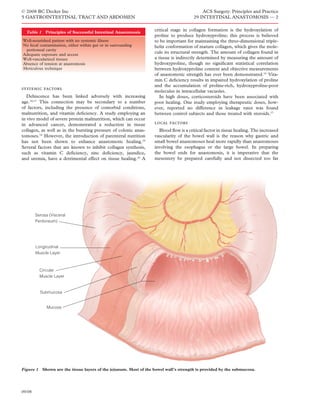 © 2008 BC Decker Inc                                                                       ACS Surgery: Principles and Practice
5 GASTROINTESTINAL TRACT AND ABDOMEN                                                   29 INTESTINAL ANASTOMOSIS — 2


  Table 1 Principles of Successful Intestinal Anastomosis
                                                                   critical stage in collagen formation is the hydroxylation of
                                                                   proline to produce hydroxyproline; this process is believed
Well-nourished patient with no systemic illness                    to be important for maintaining the three-dimensional triple-
No fecal contamination, either within gut or in surrounding        helix conformation of mature collagen, which gives the mole-
 peritoneal cavity
Adequate exposure and access
                                                                   cule its structural strength. The amount of collagen found in
Well-vascularized tissues                                          a tissue is indirectly determined by measuring the amount of
Absence of tension at anastomosis                                  hydroxyproline, though no signiﬁcant statistical correlation
Meticulous technique                                               between hydroxyproline content and objective measurements
                                                                   of anastomotic strength has ever been demonstrated.19 Vita-
                                                                   min C deﬁciency results in impaired hydroxylation of proline
                                                                   and the accumulation of proline-rich, hydroxyproline-poor
systemic factors
                                                                   molecules in intracellular vacuoles.
   Dehiscence has been linked adversely with increasing               In high doses, corticosteroids have been associated with
age.16,17 This connection may be secondary to a number             poor healing. One study employing therapeutic doses, how-
of factors, including the presence of comorbid conditions,         ever, reported no difference in leakage rates was found
malnutrition, and vitamin deﬁciency. A study employing an          between control subjects and those treated with steroids.17
in vivo model of severe protein malnutrition, which can occur
in advanced cancer, demonstrated a reduction in tissue             local factors
collagen, as well as in the bursting pressure of colonic anas-       Blood ﬂow is a critical factor in tissue healing. The increased
tomoses.18 However, the introduction of parenteral nutrition       vascularity of the bowel wall is the reason why gastric and
has not been shown to enhance anastomotic healing.18               small bowel anastomoses heal more rapidly than anastomoses
Several factors that are known to inhibit collagen synthesis,      involving the esophagus or the large bowel. In preparing
such as vitamin C deﬁciency, zinc deﬁciency, jaundice,             the bowel ends for anastomosis, it is imperative that the
and uremia, have a detrimental effect on tissue healing.16 A       mesentery be prepared carefully and not dissected too far




Figure 1   Shown are the tissue layers of the jejunum. Most of the bowel wall’s strength is provided by the submucosa.




09/08
 