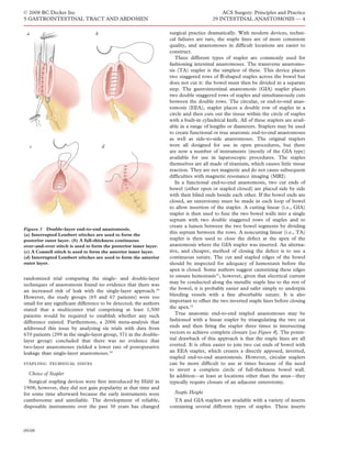 © 2008 BC Decker Inc                                                                       ACS Surgery: Principles and Practice
5 GASTROINTESTINAL TRACT AND ABDOMEN                                                   29 INTESTINAL ANASTOMOSIS — 4

 a                               b                                surgical practice dramatically. With modern devices, techni-
                                                                  cal failures are rare, the staple lines are of more consistent
                                                                  quality, and anastomoses in difﬁcult locations are easier to
                                                                  construct.
                                                                     Three different types of stapler are commonly used for
                                                                  fashioning intestinal anastomoses. The transverse anastomo-
                                                                  sis (TA) stapler is the simplest of these. This device places
                                                                  two staggered rows of B-shaped staples across the bowel but
                                                                  does not cut it: the bowel must then be divided in a separate
                                                                  step. The gastrointestinal anastomosis (GIA) stapler places
                                                                  two double staggered rows of staples and simultaneously cuts
                                                                  between the double rows. The circular, or end-to-end anas-
                                                                  tomosis (EEA), stapler places a double row of staples in a
                                                                  circle and then cuts out the tissue within the circle of staples
                                                                  with a built-in cylindrical knife. All of these staplers are avail-
                                                                  able in a range of lengths or diameters. Staplers may be used
                                                                  to create functional or true anatomic end-to-end anastomoses
                                                                  as well as side-to-side anastomoses. The original staplers
     c                               d                            were all designed for use in open procedures, but there
                                                                  are now a number of instruments (mostly of the GIA type)
                                                                  available for use in laparoscopic procedures. The staples
                                                                  themselves are all made of titanium, which causes little tissue
                                                                  reaction. They are not magnetic and do not cause subsequent
                                                                  difﬁculties with magnetic resonance imaging (MRI).
                                                                     In a functional end-to-end anastomosis, two cut ends of
                                                                  bowel (either open or stapled closed) are placed side by side
                                                                  with their blind ends beside each other. If the bowel ends are
                                                                  closed, an enterotomy must be made in each loop of bowel
                                                                  to allow insertion of the stapler. A cutting linear (i.e., GIA)
                                                                  stapler is then used to fuse the two bowel walls into a single
                                                                  septum with two double staggered rows of staples and to
                                                                  create a lumen between the two bowel segments by dividing
Figure 3 Double-layer end-to-end anastomosis.
(a) Interrupted Lembert stitches are used to form the
                                                                  this septum between the rows. A noncutting linear (i.e., TA)
posterior outer layer. (b) A full-thickness continuous            stapler is then used to close the defect at the apex of the
over-and-over stitch is used to form the posterior inner layer.   anastomosis where the GIA stapler was inserted. An alterna-
(c) A Connell stitch is used to form the anterior inner layer.    tive, and cheaper, method of closing the defect is to use a
(d) Interrupted Lembert stitches are used to form the anterior    continuous suture. The cut and stapled edges of the bowel
outer layer.                                                      should be inspected for adequacy of hemostasis before the
                                                                  apex is closed. Some authors suggest cauterizing these edges
                                                                  to ensure hemostasis31; however, given that electrical current
randomized trial comparing the single- and double-layer
                                                                  may be conducted along the metallic staple line to the rest of
techniques of anastomosis found no evidence that there was
                                                                  the bowel, it is probably easier and safer simply to underpin
an increased risk of leak with the single-layer approach.29
                                                                  bleeding vessels with a ﬁne absorbable suture. It is also
However, the study groups (65 and 67 patients) were too
                                                                  important to offset the two inverted staple lines before closing
small for any signiﬁcant difference to be detected; the authors
stated that a multicenter trial comprising at least 1,500         the apex.32
patients would be required to establish whether any such             True anatomic end-to-end stapled anastomoses may be
difference existed. Furthermore, a 2006 meta-analysis that        fashioned with a linear stapler by triangulating the two cut
addressed this issue by analyzing six trials with data from       ends and then ﬁring the stapler three times in intersecting
670 patients (299 in the single-layer group, 371 in the double-   vectors to achieve complete closure [see Figure 4]. The poten-
layer group) concluded that there was no evidence that            tial drawback of this approach is that the staple lines are all
two-layer anastomoses yielded a lower rate of postoperative       everted. It is often easier to join two cut ends of bowel with
leakage than single-layer anastomoses.30                          an EEA stapler, which creates a directly apposed, inverted,
                                                                  stapled end-to-end anastomosis. However, circular staplers
stapling: technical issues                                        can be more difﬁcult to use at times because of the need
                                                                  to invert a complete circle of full-thickness bowel wall.
  Choice of Stapler                                               In addition—at least at locations other than the anus—they
  Surgical stapling devices were ﬁrst introduced by Hültl in      typically require closure of an adjacent enterotomy.
1908; however, they did not gain popularity at that time and
for some time afterward because the early instruments were          Staple Height
cumbersome and unreliable. The development of reliable,             TA and GIA staplers are available with a variety of inserts
disposable instruments over the past 30 years has changed         containing several different types of staples. These inserts



09/08
 