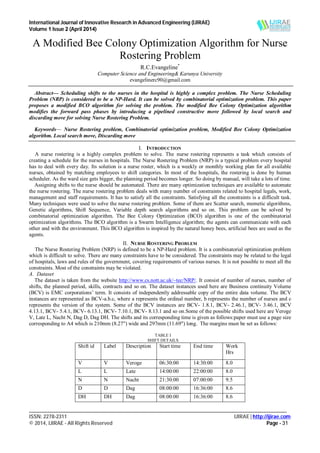 International Journal of Innovative Research in Advanced Engineering (IJIRAE)
Volume 1 Issue 2 (April 2014)
__________________________________________________________________________________________________
ISSN: 2278-2311 IJIRAE | http://ijirae.com
© 2014, IJIRAE - All Rights Reserved Page - 31
A Modified Bee Colony Optimization Algorithm for Nurse
Rostering Problem
R.C.Evangeline*
Computer Science and Engineering& Karunya University
evangelinerc90@gmail.com
Abstract— Scheduling shifts to the nurses in the hospital is highly a complex problem. The Nurse Scheduling
Problem (NRP) is considered to be a NP-Hard. It can be solved by combinatorial optimization problem. This paper
proposes a modified BCO algorithm for solving the problem. The modified Bee Colony Optimization algorithm
modifies the forward pass phases by introducing a pipelined constructive move followed by local search and
discarding move for solving Nurse Rostering Problem.
Keywords— Nurse Rostering problem, Combinatorial optimization problem, Modified Bee Colony Optimization
algorithm. Local search move, Discarding move
I. INTRODUCTION
A nurse rostering is a highly complex problem to solve. The nurse rostering represents a task which consists of
creating a schedule for the nurses in hospitals. The Nurse Rostering Problem (NRP) is a typical problem every hospital
has to deal with every day. Its solution is a nurse roster, which is a weekly or monthly working plan for all available
nurses, obtained by matching employees to shift categories. In most of the hospitals, the rostering is done by human
scheduler. As the ward size gets bigger, the planning period becomes longer. So doing by manual, will take a lots of time.
Assigning shifts to the nurse should be automated. There are many optimization techniques are available to automate
the nurse rostering. The nurse rostering problem deals with many number of constraints related to hospital legals, work,
management and staff requirements. It has to satisfy all the constraints. Satisfying all the constraints is a difficult task.
Many techniques were used to solve the nurse rostering problem. Some of them are Scatter search, memetic algorithms,
Genetic algorithms, Shift Sequence, Variable depth search algorithms and so on. This problem can be solved by
combinatorial optimization algorithm. The Bee Colony Optimization (BCO) algorithm is one of the combinatorial
optimization algorithms. The BCO algorithm is a Swarm Intelligence algorithm; the agents can communicate with each
other and with the environment. This BCO algorithm is inspired by the natural honey bees, artificial bees are used as the
agents.
II. NURSE ROSTERING PROBLEM
The Nurse Rostering Problem (NRP) is defined to be a NP-Hard problem. It is a combinatorial optimization problem
which is difficult to solve. There are many constraints have to be considered. The constraints may be related to the legal
of hospitals, laws and rules of the government, covering requirements of various nurses. It is not possible to meet all the
constraints. Most of the constraints may be violated.
A. Dataset
The dataset is taken from the website http://www.cs.nott.ac.uk/~tec/NRP/. It consist of number of nurses, number of
shifts, the planned period, skills, contracts and so on. The dataset instances used here are Business continuity Volume
(BCV) is EMC corporations’ term. It consists of independently addressable copy of the entire data volume. The BCV
instances are represented as BCV-a.b.c, where a represents the ordinal number, b represents the number of nurses and c
represents the version of the system. Some of the BCV instances are BCV- 1.8.1, BCV- 2.46.1, BCV- 3.46.1, BCV
4.13.1, BCV- 5.4.1, BCV- 6.13.1, BCV- 7.10.1, BCV- 8.13.1 and so on.Some of the possible shifts used here are Veroge
V, Late L, Nacht N, Dag D, Dag DH. The shifts and its corresponding time is given as follows:paper must use a page size
corresponding to A4 which is 210mm (8.27") wide and 297mm (11.69") long. The margins must be set as follows:
TABLE I
SHIFT DETAILS
Shift id Label Description Start time End time Work
Hrs
V V Veroge 06:30:00 14:30:00 8.0
L L Late 14:00:00 22:00:00 8.0
N N Nacht 21:30:00 07:00:00 9.5
D D Dag 08:00:00 16:36:00 8.6
DH DH Dag 08:00:00 16:36:00 8.6
 