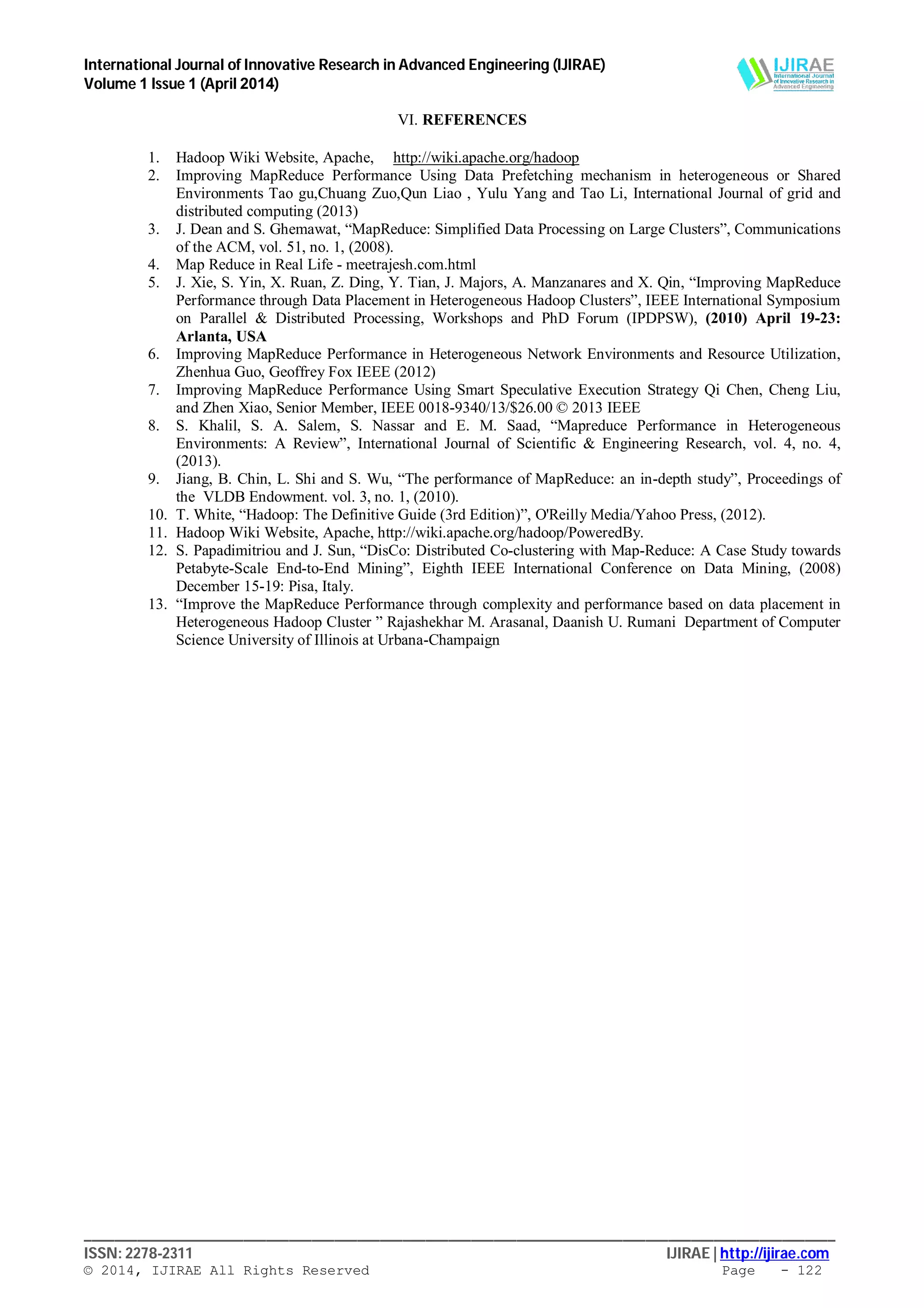 International Journal of Innovative Research in Advanced Engineering (IJIRAE)
Volume 1 Issue 1 (April 2014)
___________________________________________________________________________________________________
ISSN: 2278-2311 IJIRAE | http://ijirae.com
© 2014, IJIRAE All Rights Reserved Page - 122
VI. REFERENCES
1. Hadoop Wiki Website, Apache, http://wiki.apache.org/hadoop
2. Improving MapReduce Performance Using Data Prefetching mechanism in heterogeneous or Shared
Environments Tao gu,Chuang Zuo,Qun Liao , Yulu Yang and Tao Li, International Journal of grid and
distributed computing (2013)
3. J. Dean and S. Ghemawat, “MapReduce: Simplified Data Processing on Large Clusters”, Communications
of the ACM, vol. 51, no. 1, (2008).
4. Map Reduce in Real Life - meetrajesh.com.html
5. J. Xie, S. Yin, X. Ruan, Z. Ding, Y. Tian, J. Majors, A. Manzanares and X. Qin, “Improving MapReduce
Performance through Data Placement in Heterogeneous Hadoop Clusters”, IEEE International Symposium
on Parallel & Distributed Processing, Workshops and PhD Forum (IPDPSW), (2010) April 19-23:
Arlanta, USA
6. Improving MapReduce Performance in Heterogeneous Network Environments and Resource Utilization,
Zhenhua Guo, Geoffrey Fox IEEE (2012)
7. Improving MapReduce Performance Using Smart Speculative Execution Strategy Qi Chen, Cheng Liu,
and Zhen Xiao, Senior Member, IEEE 0018-9340/13/$26.00 © 2013 IEEE
8. S. Khalil, S. A. Salem, S. Nassar and E. M. Saad, “Mapreduce Performance in Heterogeneous
Environments: A Review”, International Journal of Scientific & Engineering Research, vol. 4, no. 4,
(2013).
9. Jiang, B. Chin, L. Shi and S. Wu, “The performance of MapReduce: an in-depth study”, Proceedings of
the VLDB Endowment. vol. 3, no. 1, (2010).
10. T. White, “Hadoop: The Definitive Guide (3rd Edition)”, O'Reilly Media/Yahoo Press, (2012).
11. Hadoop Wiki Website, Apache, http://wiki.apache.org/hadoop/PoweredBy.
12. S. Papadimitriou and J. Sun, “DisCo: Distributed Co-clustering with Map-Reduce: A Case Study towards
Petabyte-Scale End-to-End Mining”, Eighth IEEE International Conference on Data Mining, (2008)
December 15-19: Pisa, Italy.
13. “Improve the MapReduce Performance through complexity and performance based on data placement in
Heterogeneous Hadoop Cluster ” Rajashekhar M. Arasanal, Daanish U. Rumani Department of Computer
Science University of Illinois at Urbana-Champaign
 