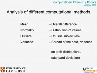 Analysis of different computational methods Mean  - Overall difference Normality  - Distribution of values Outliers  - Unusual molecules? Variance  - Spread of the data, depends    on both distributions.    (standard deviation) 