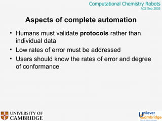 Aspects of complete automation Humans must validate  protocols  rather than individual data Low rates of error must be addressed Users should know the rates of error and degree of conformance 