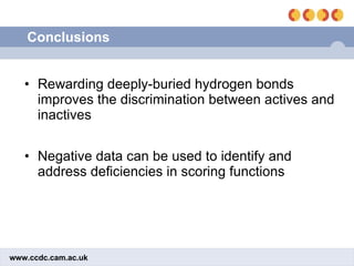 Conclusions Rewarding deeply-buried hydrogen bonds improves the discrimination between actives and inactives Negative data can be used to identify and address deficiencies in scoring functions 