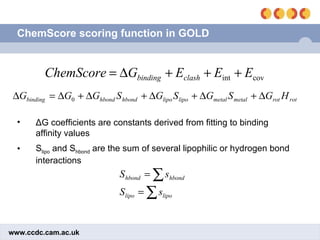 ChemScore scoring function in GOLD Δ G coefficients are constants derived from fitting to binding affinity values S lipo  and S hbond  are the sum of several lipophilic or hydrogen bond interactions 