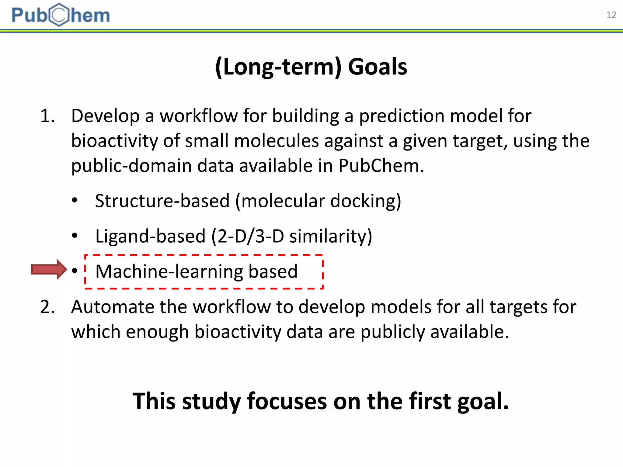 12
(Long-term) Goals
1. Develop a workflow for building a prediction model for
bioactivity of small molecules against a given target, using the
public-domain data available in PubChem.
• Structure-based (molecular docking)
• Ligand-based (2-D/3-D similarity)
• Machine-learning based
2. Automate the workflow to develop models for all targets for
which enough bioactivity data are publicly available.
This study focuses on the first goal.
 