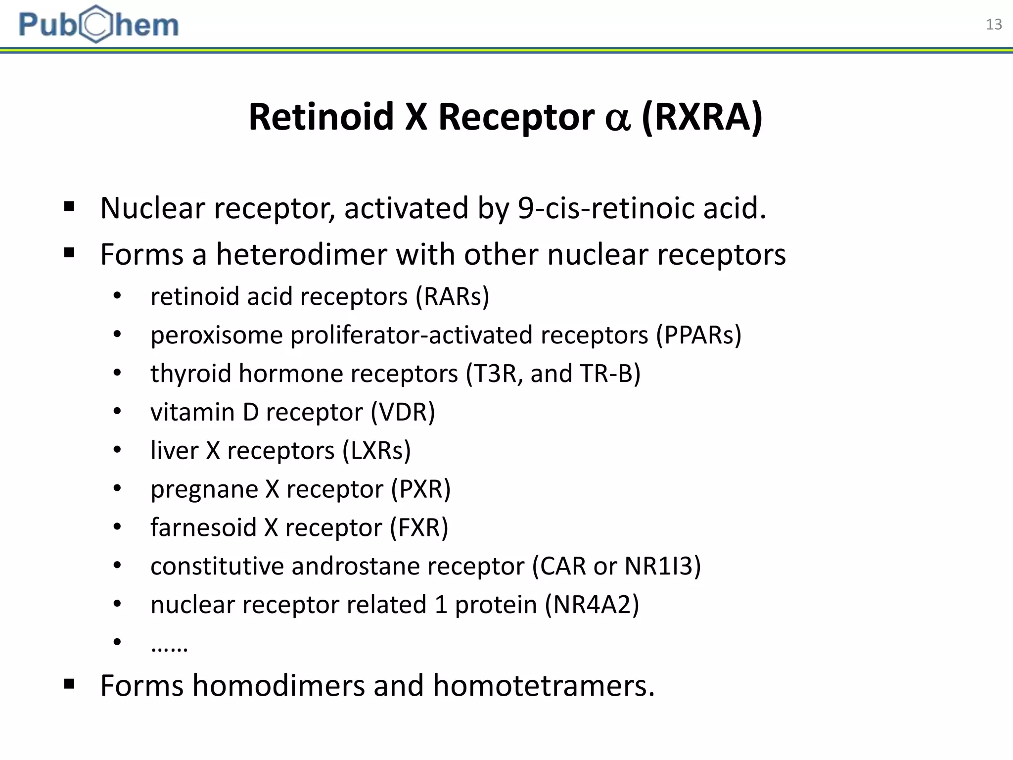 13
Retinoid X Receptor  (RXRA)
 Nuclear receptor, activated by 9-cis-retinoic acid.
 Forms a heterodimer with other nuclear receptors
• retinoid acid receptors (RARs)
• peroxisome proliferator-activated receptors (PPARs)
• thyroid hormone receptors (T3R, and TR-B)
• vitamin D receptor (VDR)
• liver X receptors (LXRs)
• pregnane X receptor (PXR)
• farnesoid X receptor (FXR)
• constitutive androstane receptor (CAR or NR1I3)
• nuclear receptor related 1 protein (NR4A2)
• ……
 Forms homodimers and homotetramers.
 