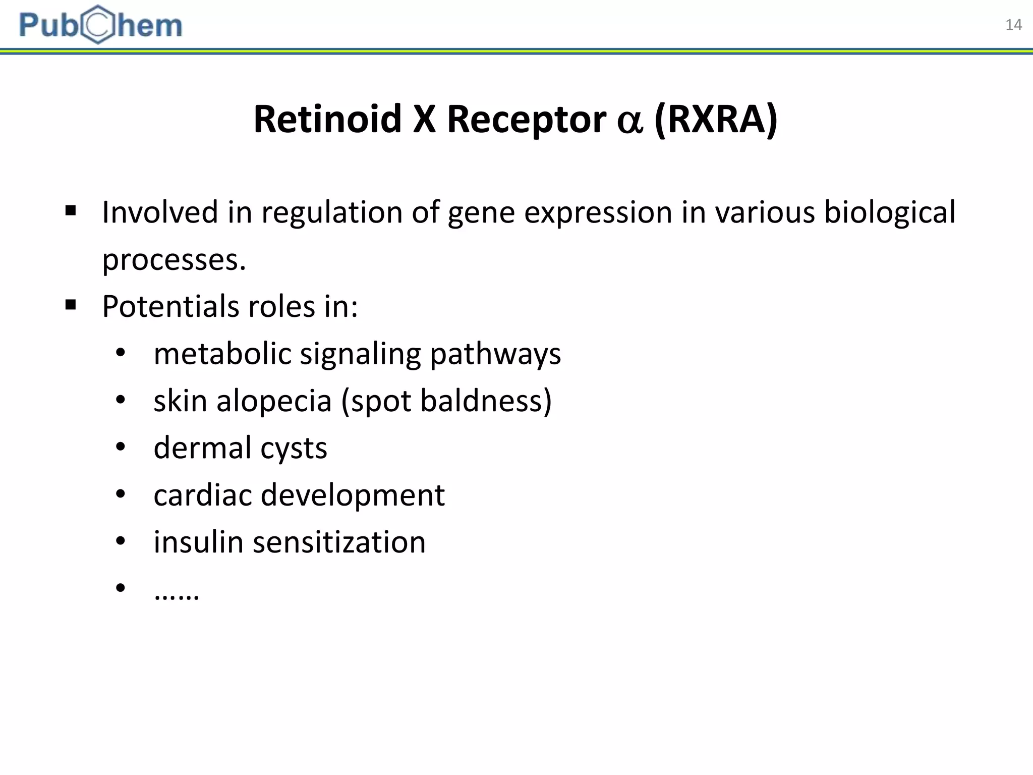 14
Retinoid X Receptor  (RXRA)
 Involved in regulation of gene expression in various biological
processes.
 Potentials roles in:
• metabolic signaling pathways
• skin alopecia (spot baldness)
• dermal cysts
• cardiac development
• insulin sensitization
• ……
 