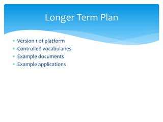 Longer Term Plan 
 Version 1 of platform 
 Controlled vocabularies 
 Example documents 
 Example applications 
 