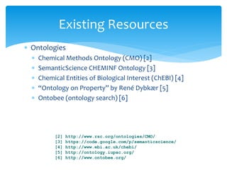 Existing Resources 
 Ontologies 
 Chemical Methods Ontology (CMO) [2] 
 SemanticScience CHEMINF Ontology [3] 
 Chemical Entities of Biological Interest (ChEBI) [4] 
 “Ontology on Property” by René Dybkær [5] 
 Ontobee (ontology search) [6] 
[2] http://www.rsc.org/ontologies/CMO/ 
[3] https://code.google.com/p/semanticscience/ 
[4] http://www.ebi.ac.uk/chebi/ 
[5] http://ontology.iupac.org/ 
[6] http://www.ontobee.org/ 
 