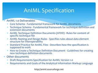  AnIML 1.0 Deliverables
 Core Schema - Fundamental framework for AnIML documents
 Technique Schema - Fundamental framework for technique definition and
extension documents
 AnIML Technique Definition Documents (ATDD) - Rules for content of
specific technique file
 AnIML Naming and Design Rules - Specifies rules about data element
structure for interoperability
 Standard Practice for AnIML Files - Describes how the specification is
supposed to work
 How to Create a Technique Definition Document - Guidelines for creating
new technique definition documents
 Other documents
 Draft Requirements Specification for AnIML Version 1.0
 Requirements and Goals of the Analytical Information Markup Language
AnIML Specification
http://animl.sourceforge.net
 