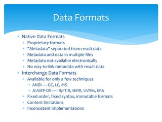  Native Data Formats
 Proprietary formats
 "Metadata" separated from result data
 Metadata and data in multiple files
 Metadata not available electronically
 No way to link metadata with result data
 Interchange Data Formats
 Available for only a few techniques
 ANDI — GC, LC, MS
 JCAMP-DX — IR/FTIR, NMR, UV/Vis, IMS
 Fixed order, fixed syntax, immutable formats
 Content limitations
 Inconsistent implementations
Data Formats
 