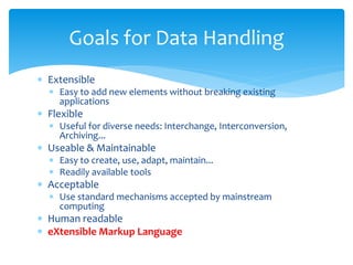  Extensible
 Easy to add new elements without breaking existing
applications
 Flexible
 Useful for diverse needs: Interchange, Interconversion,
Archiving...
 Useable & Maintainable
 Easy to create, use, adapt, maintain...
 Readily available tools
 Acceptable
 Use standard mechanisms accepted by mainstream
computing
 Human readable
 eXtensible Markup Language
Goals for Data Handling
 