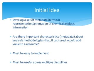  Develop a set of metadata items for
representation/annotation of chemical analysis
information
 Are there important cha...