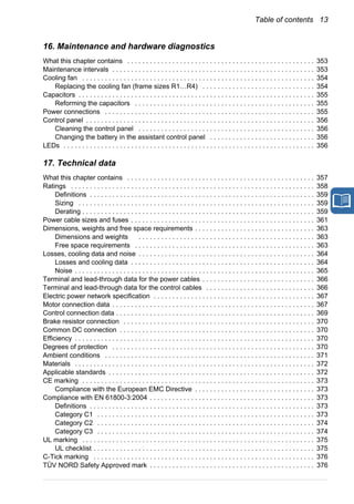 Table of contents 13
16. Maintenance and hardware diagnostics
What this chapter contains . . . . . . . . . . . . . . . . . . . . . . . . . . . . . . . . . . . . . . . . . . . . . . . . . . 353
Maintenance intervals . . . . . . . . . . . . . . . . . . . . . . . . . . . . . . . . . . . . . . . . . . . . . . . . . . . . . . 353
Cooling fan . . . . . . . . . . . . . . . . . . . . . . . . . . . . . . . . . . . . . . . . . . . . . . . . . . . . . . . . . . . . . . 354
Replacing the cooling fan (frame sizes R1…R4) . . . . . . . . . . . . . . . . . . . . . . . . . . . . . . 354
Capacitors . . . . . . . . . . . . . . . . . . . . . . . . . . . . . . . . . . . . . . . . . . . . . . . . . . . . . . . . . . . . . . . 355
Reforming the capacitors . . . . . . . . . . . . . . . . . . . . . . . . . . . . . . . . . . . . . . . . . . . . . . . . 355
Power connections . . . . . . . . . . . . . . . . . . . . . . . . . . . . . . . . . . . . . . . . . . . . . . . . . . . . . . . . 355
Control panel . . . . . . . . . . . . . . . . . . . . . . . . . . . . . . . . . . . . . . . . . . . . . . . . . . . . . . . . . . . . . 356
Cleaning the control panel . . . . . . . . . . . . . . . . . . . . . . . . . . . . . . . . . . . . . . . . . . . . . . . 356
Changing the battery in the assistant control panel . . . . . . . . . . . . . . . . . . . . . . . . . . . . 356
LEDs . . . . . . . . . . . . . . . . . . . . . . . . . . . . . . . . . . . . . . . . . . . . . . . . . . . . . . . . . . . . . . . . . . . 356
17. Technical data
What this chapter contains . . . . . . . . . . . . . . . . . . . . . . . . . . . . . . . . . . . . . . . . . . . . . . . . . . 357
Ratings . . . . . . . . . . . . . . . . . . . . . . . . . . . . . . . . . . . . . . . . . . . . . . . . . . . . . . . . . . . . . . . . . 358
Definitions . . . . . . . . . . . . . . . . . . . . . . . . . . . . . . . . . . . . . . . . . . . . . . . . . . . . . . . . . . . . 359
Sizing . . . . . . . . . . . . . . . . . . . . . . . . . . . . . . . . . . . . . . . . . . . . . . . . . . . . . . . . . . . . . . . 359
Derating . . . . . . . . . . . . . . . . . . . . . . . . . . . . . . . . . . . . . . . . . . . . . . . . . . . . . . . . . . . . . . 359
Power cable sizes and fuses . . . . . . . . . . . . . . . . . . . . . . . . . . . . . . . . . . . . . . . . . . . . . . . . . 361
Dimensions, weights and free space requirements . . . . . . . . . . . . . . . . . . . . . . . . . . . . . . . . 363
Dimensions and weights . . . . . . . . . . . . . . . . . . . . . . . . . . . . . . . . . . . . . . . . . . . . . . . 363
Free space requirements . . . . . . . . . . . . . . . . . . . . . . . . . . . . . . . . . . . . . . . . . . . . . . . . 363
Losses, cooling data and noise . . . . . . . . . . . . . . . . . . . . . . . . . . . . . . . . . . . . . . . . . . . . . . . 364
Losses and cooling data . . . . . . . . . . . . . . . . . . . . . . . . . . . . . . . . . . . . . . . . . . . . . . . . . 364
Noise . . . . . . . . . . . . . . . . . . . . . . . . . . . . . . . . . . . . . . . . . . . . . . . . . . . . . . . . . . . . . . . . 365
Terminal and lead-through data for the power cables . . . . . . . . . . . . . . . . . . . . . . . . . . . . . . 366
Terminal and lead-through data for the control cables . . . . . . . . . . . . . . . . . . . . . . . . . . . . . 366
Electric power network specification . . . . . . . . . . . . . . . . . . . . . . . . . . . . . . . . . . . . . . . . . . . 367
Motor connection data . . . . . . . . . . . . . . . . . . . . . . . . . . . . . . . . . . . . . . . . . . . . . . . . . . . . . . 367
Control connection data . . . . . . . . . . . . . . . . . . . . . . . . . . . . . . . . . . . . . . . . . . . . . . . . . . . . . 369
Brake resistor connection . . . . . . . . . . . . . . . . . . . . . . . . . . . . . . . . . . . . . . . . . . . . . . . . . . . 370
Common DC connection . . . . . . . . . . . . . . . . . . . . . . . . . . . . . . . . . . . . . . . . . . . . . . . . . . . . 370
Efficiency . . . . . . . . . . . . . . . . . . . . . . . . . . . . . . . . . . . . . . . . . . . . . . . . . . . . . . . . . . . . . . . . 370
Degrees of protection . . . . . . . . . . . . . . . . . . . . . . . . . . . . . . . . . . . . . . . . . . . . . . . . . . . . . . 370
Ambient conditions . . . . . . . . . . . . . . . . . . . . . . . . . . . . . . . . . . . . . . . . . . . . . . . . . . . . . . . . 371
Materials . . . . . . . . . . . . . . . . . . . . . . . . . . . . . . . . . . . . . . . . . . . . . . . . . . . . . . . . . . . . . . . . 372
Applicable standards . . . . . . . . . . . . . . . . . . . . . . . . . . . . . . . . . . . . . . . . . . . . . . . . . . . . . . . 372
CE marking . . . . . . . . . . . . . . . . . . . . . . . . . . . . . . . . . . . . . . . . . . . . . . . . . . . . . . . . . . . . . . 373
Compliance with the European EMC Directive . . . . . . . . . . . . . . . . . . . . . . . . . . . . . . . . 373
Compliance with EN 61800-3:2004 . . . . . . . . . . . . . . . . . . . . . . . . . . . . . . . . . . . . . . . . . . . . 373
Definitions . . . . . . . . . . . . . . . . . . . . . . . . . . . . . . . . . . . . . . . . . . . . . . . . . . . . . . . . . . . . 373
Category C1 . . . . . . . . . . . . . . . . . . . . . . . . . . . . . . . . . . . . . . . . . . . . . . . . . . . . . . . . . . 373
Category C2 . . . . . . . . . . . . . . . . . . . . . . . . . . . . . . . . . . . . . . . . . . . . . . . . . . . . . . . . . . 374
Category C3 . . . . . . . . . . . . . . . . . . . . . . . . . . . . . . . . . . . . . . . . . . . . . . . . . . . . . . . . . . 374
UL marking . . . . . . . . . . . . . . . . . . . . . . . . . . . . . . . . . . . . . . . . . . . . . . . . . . . . . . . . . . . . . . 375
UL checklist . . . . . . . . . . . . . . . . . . . . . . . . . . . . . . . . . . . . . . . . . . . . . . . . . . . . . . . . . . . 375
C-Tick marking . . . . . . . . . . . . . . . . . . . . . . . . . . . . . . . . . . . . . . . . . . . . . . . . . . . . . . . . . . . 376
TÜV NORD Safety Approved mark . . . . . . . . . . . . . . . . . . . . . . . . . . . . . . . . . . . . . . . . . . . . 376
 