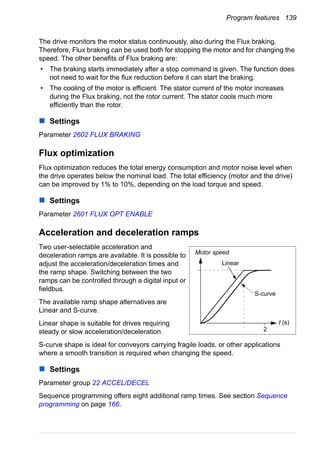 Program features 139
The drive monitors the motor status continuously, also during the Flux braking.
Therefore, Flux braking can be used both for stopping the motor and for changing the
speed. The other benefits of Flux braking are:
• The braking starts immediately after a stop command is given. The function does
not need to wait for the flux reduction before it can start the braking.
• The cooling of the motor is efficient. The stator current of the motor increases
during the Flux braking, not the rotor current. The stator cools much more
efficiently than the rotor.
Settings
Parameter 2602 FLUX BRAKING
Flux optimization
Flux optimization reduces the total energy consumption and motor noise level when
the drive operates below the nominal load. The total efficiency (motor and the drive)
can be improved by 1% to 10%, depending on the load torque and speed.
Settings
Parameter 2601 FLUX OPT ENABLE
Acceleration and deceleration ramps
Two user-selectable acceleration and
deceleration ramps are available. It is possible to
adjust the acceleration/deceleration times and
the ramp shape. Switching between the two
ramps can be controlled through a digital input or
fieldbus.
The available ramp shape alternatives are
Linear and S-curve.
Linear shape is suitable for drives requiring
steady or slow acceleration/deceleration.
S-curve shape is ideal for conveyors carrying fragile loads, or other applications
where a smooth transition is required when changing the speed.
Settings
Parameter group 22 ACCEL/DECEL
Sequence programming offers eight additional ramp times. See section Sequence
programming on page 166.
Linear
S-curve
Motor speed
t (s)
2
 