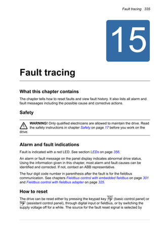 Fault tracing 335
Fault tracing
What this chapter contains
The chapter tells how to reset faults and view fault history. It also lists all alarm and
fault messages including the possible cause and corrective actions.
Safety
WARNING! Only qualified electricians are allowed to maintain the drive. Read
the safety instructions in chapter Safety on page 17 before you work on the
drive.
Alarm and fault indications
Fault is indicated with a red LED. See section LEDs on page 356.
An alarm or fault message on the panel display indicates abnormal drive status.
Using the information given in this chapter, most alarm and fault causes can be
identified and corrected. If not, contact an ABB representative.
The four digit code number in parenthesis after the fault is for the fieldbus
communication. See chapters Fieldbus control with embedded fieldbus on page 301
and Fieldbus control with fieldbus adapter on page 325.
How to reset
The drive can be reset either by pressing the keypad key (basic control panel) or
(assistant control panel), through digital input or fieldbus, or by switching the
supply voltage off for a while. The source for the fault reset signal is selected by
EXIT
RESET
RESET
 