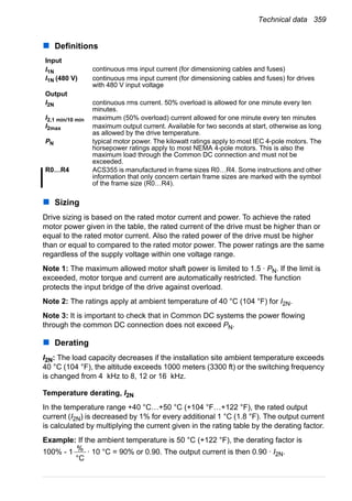 Technical data 359
Definitions
Sizing
Drive sizing is based on the rated motor current and power. To achieve the rated
motor power given in the table, the rated current of the drive must be higher than or
equal to the rated motor current. Also the rated power of the drive must be higher
than or equal to compared to the rated motor power. The power ratings are the same
regardless of the supply voltage within one voltage range.
Note 1: The maximum allowed motor shaft power is limited to 1.5 · PN. If the limit is
exceeded, motor torque and current are automatically restricted. The function
protects the input bridge of the drive against overload.
Note 2: The ratings apply at ambient temperature of 40 °C (104 °F) for I2N.
Note 3: It is important to check that in Common DC systems the power flowing
through the common DC connection does not exceed PN.
Derating
I2N: The load capacity decreases if the installation site ambient temperature exceeds
40 °C (104 °F), the altitude exceeds 1000 meters (3300 ft) or the switching frequency
is changed from 4 kHz to 8, 12 or 16 kHz.
Temperature derating, I2N
In the temperature range +40 °C…+50 °C (+104 °F…+122 °F), the rated output
current (I2N) is decreased by 1% for every additional 1 °C (1.8 °F). The output current
is calculated by multiplying the current given in the rating table by the derating factor.
Example: If the ambient temperature is 50 °C (+122 °F), the derating factor is
100% - 1 · 10 °C = 90% or 0.90. The output current is then 0.90 · I2N.
Input
I1N continuous rms input current (for dimensioning cables and fuses)
I1N (480 V) continuous rms input current (for dimensioning cables and fuses) for drives
with 480 V input voltage
Output
I2N continuous rms current. 50% overload is allowed for one minute every ten
minutes.
I2,1 min/10 min maximum (50% overload) current allowed for one minute every ten minutes
I2max maximum output current. Available for two seconds at start, otherwise as long
as allowed by the drive temperature.
PN typical motor power. The kilowatt ratings apply to most IEC 4-pole motors. The
horsepower ratings apply to most NEMA 4-pole motors. This is also the
maximum load through the Common DC connection and must not be
exceeded.
R0…R4 ACS355 is manufactured in frame sizes R0…R4. Some instructions and other
information that only concern certain frame sizes are marked with the symbol
of the frame size (R0…R4).
%
°C
 