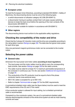 38 Planning the electrical installation
European union
To meet the European Union Directives, according to standard EN 60204-1, Safety of
Machinery, the disconnecting device must be one of the following types:
• a switch-disconnector of utilization category AC-23B (EN 60947-3)
• a disconnector having an auxiliary contact that in all cases causes switching
devices to break the load circuit before the opening of the main contacts of the
disconnector (EN 60947-3)
• a circuit breaker suitable for isolation in accordance with EN 60947-2.
Other regions
The disconnecting device must conform to the applicable safety regulations.
Checking the compatibility of the motor and drive
Check that the 3-phase AC induction motor and the drive are compatible according to
the rating table in section Ratings on page 358. The table lists the typical motor power
for each drive type.
Only one permanent magnet synchronous motor can be connected to the inverter
output.
Selecting the power cables
General rules
Dimension the input power and motor cables according to local regulations.
• The input power and the motor cables must be able to carry the corresponding
load currents. See section Ratings on page 358 for the rated currents.
• The cable must be rated for at least 70 °C maximum permissible temperature of
the conductor in continuous use. For US, see section Additional US requirements
on page 40.
• The conductivity of the PE conductor must be equal to that of the phase
conductor (same cross-sectional area).
• 600 V AC cable is accepted for up to 500 V AC.
• Refer to chapter Technical data on page 357 for the EMC requirements.
A symmetrical shielded motor cable (see the figure below) must be used to meet the
EMC requirements of the CE and C-Tick marks.
A four-conductor system is allowed for input cabling, but a shielded symmetrical
cable is recommended.
Compared to a four-conductor system, the use of a symmetrical shielded cable
reduces electromagnetic emission of the whole drive system as well as motor bearing
currents and wear.
 