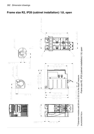 382 Dimension drawings
Frame size R2, IP20 (cabinet installation) / UL open
FramesizeR2,IP20(cabinetinstallation)/ULopen3AUA0000067782-A
1)
Extensionmodulesadd26mm(1.02in)tothedepthmeasure.
1)
 