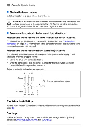 392 Appendix: Resistor braking
Placing the brake resistor
Install all resistors in a place where they will cool.
WARNING! The materials near the brake resistor must be non-flammable. The
surface temperature of the resistor is high. Air flowing from the resistor is of
hundreds of degrees Celsius. Protect the resistor against contact.
Protecting the system in brake circuit fault situations
Protecting the system in cable and brake resistor short-circuit situations
For short-circuit protection of the brake resistor connection, see Brake resistor
connection on page 370. Alternatively, a two-conductor shielded cable with the same
cross-sectional area can be used.
Protecting the system in brake resistor overheating situations
The following setup is essential for safety – it interrupts the main supply in fault
situations involving chopper shorts:
• Equip the drive with a main contactor.
• Wire the contactor so that it opens if the resistor thermal switch opens (an
overheated resistor opens the contactor).
Below is a simple wiring diagram example.
Electrical installation
For the brake resistor connections, see the power connection diagram of the drive on
page 49.
Start-up
To enable resistor braking, switch off the drive’s overvoltage control by setting
parameter 2005 OVERVOLT CTRL to 0 (DISABLE).
U1 V1 W1
L1 L2 L3
1
2
3
4
5
6
K1
Q Thermal switch of the resistor
ACS355
Fuses
 